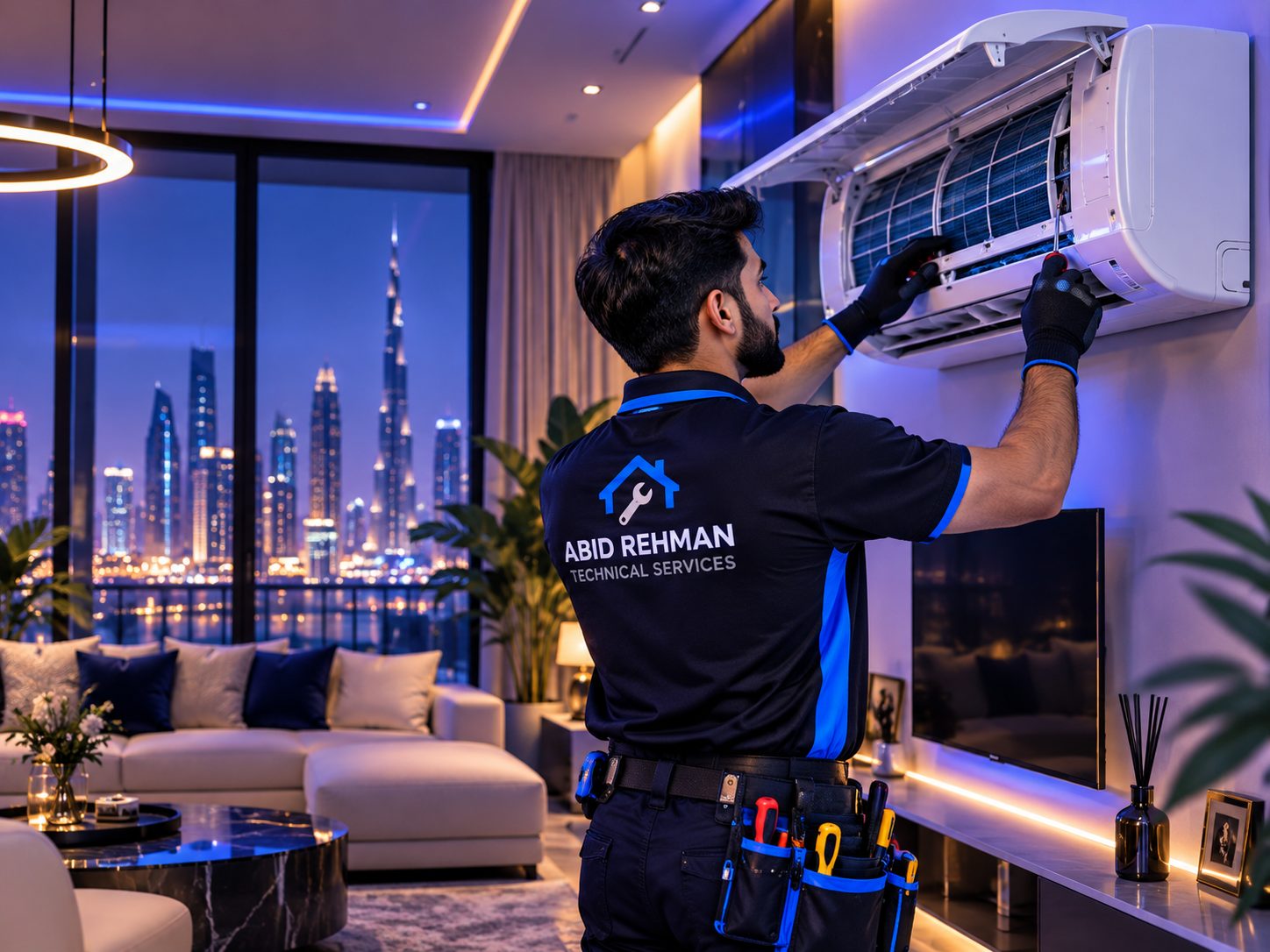 Technician performing ac repair & maintenance inside a Dubai property