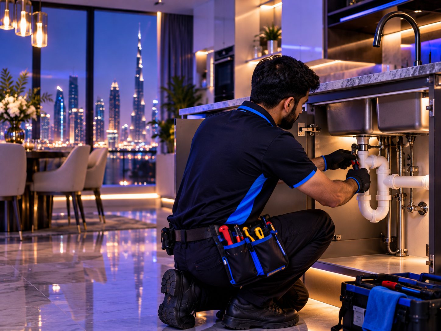 Technician performing plumbing services inside a Dubai property